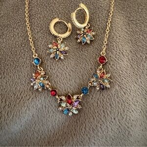 Napier Radiant Multi-colored Crystal Poinsettia Necklace and Earrings Set.  New!